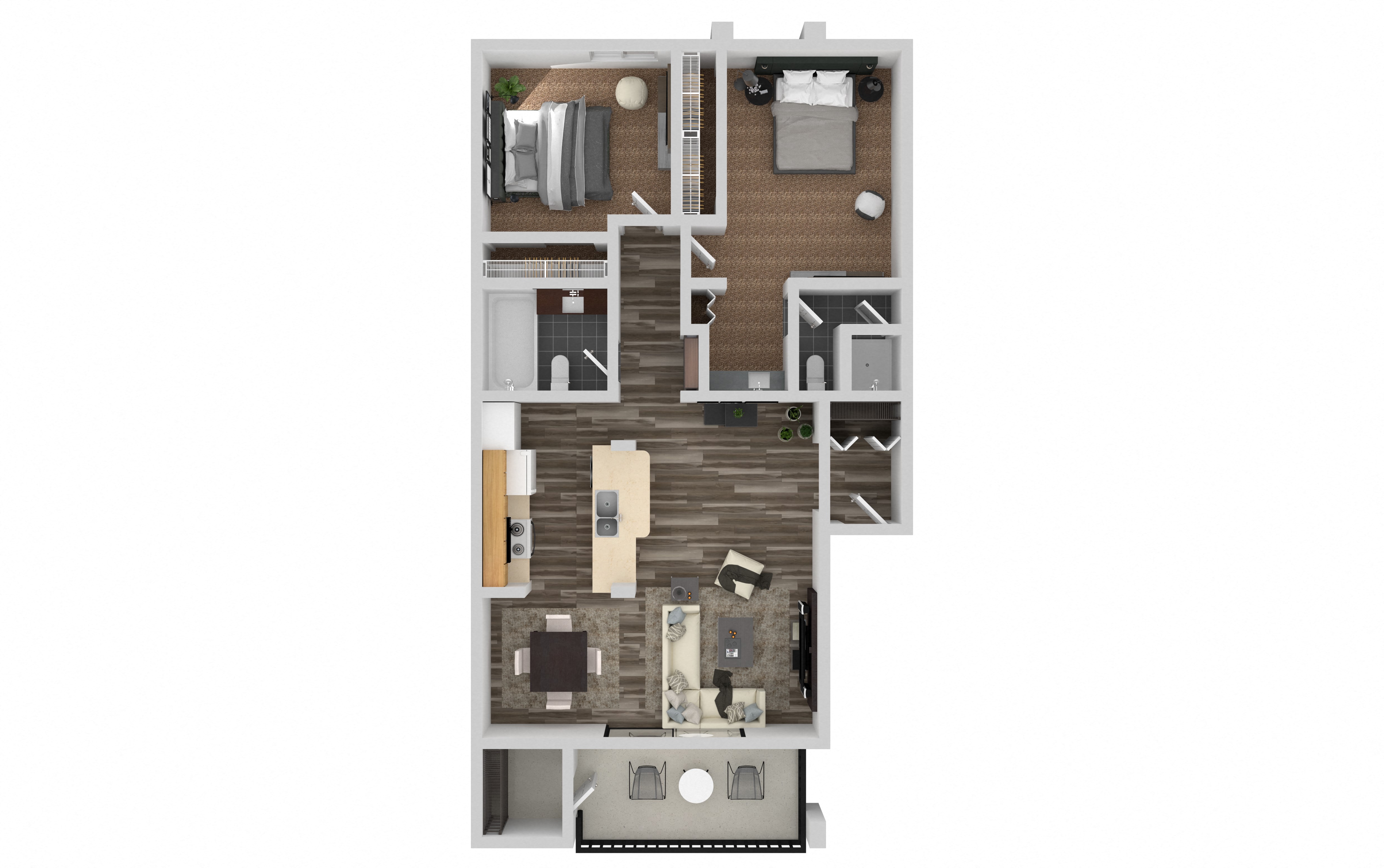 Floor plan for 2 beds, 2 baths, 901 sqft